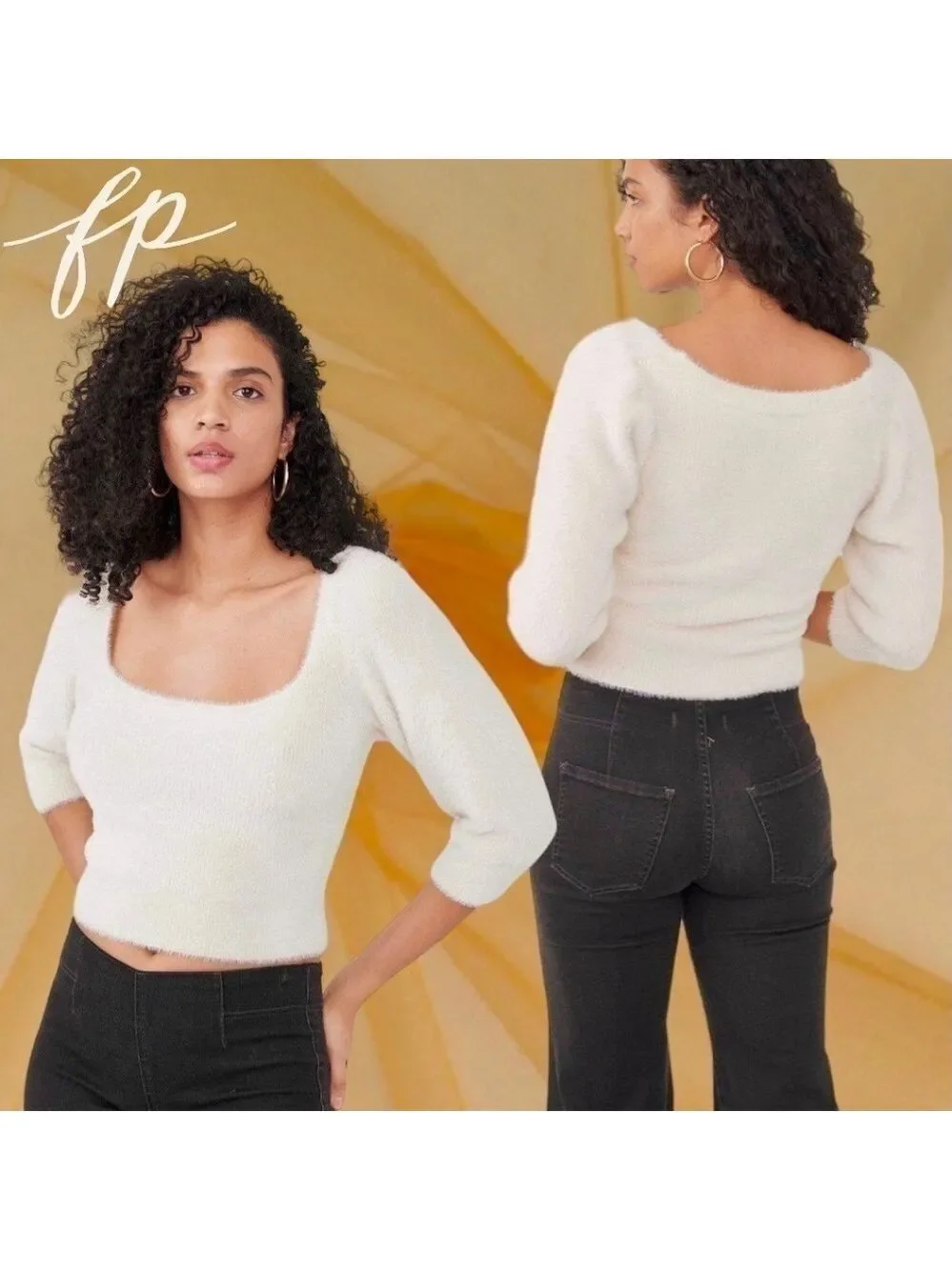 FREE PEOPLE NWT Moonbeam Fuzzy 3/4 Puff Sleeve Cropped Scoop Neck Sweater/Lg